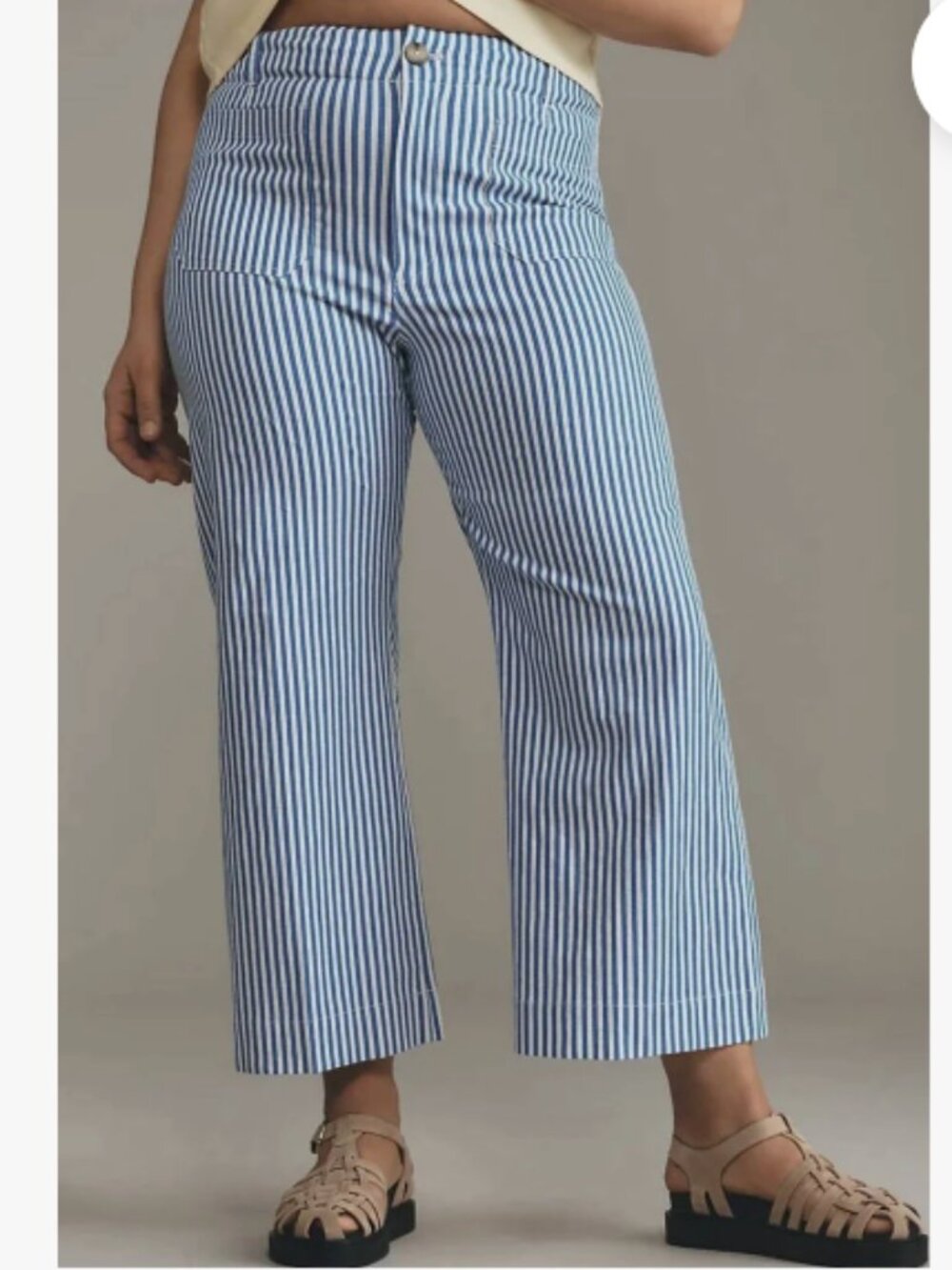 Anthropologie Maeve Colette Striped Linen Wide Leg Crop Pants Blue/White 32P